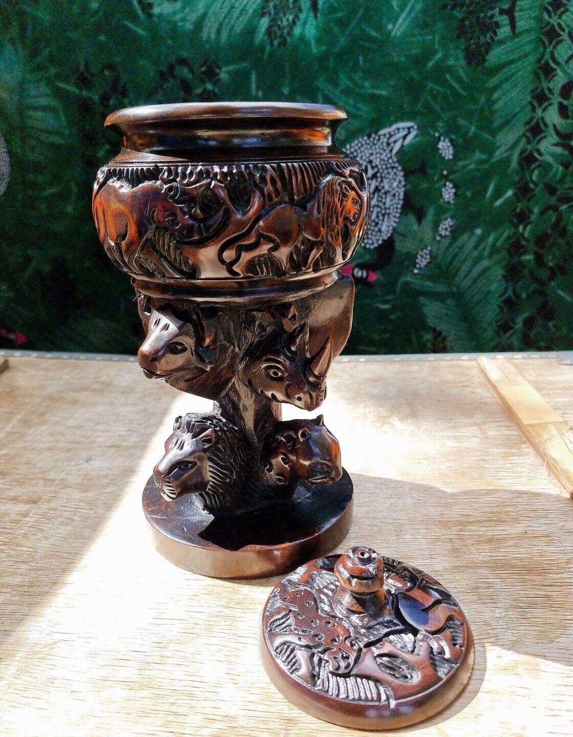 Vintage Style Carved Wood Trinket Dish Jewelry Box Dresser Urn Jar Bowl w/ Lid