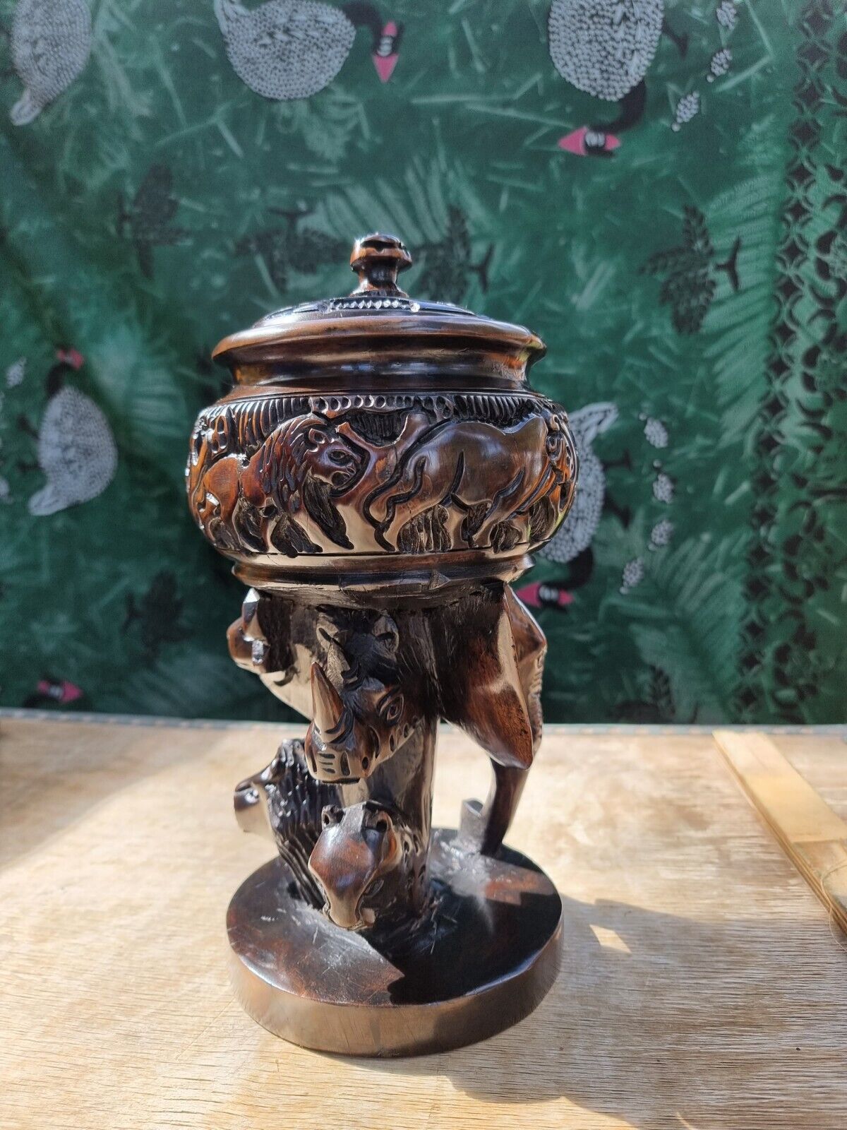 Vintage Style Carved Wood Trinket Dish Jewelry Box Dresser Urn Jar Bowl w/ Lid