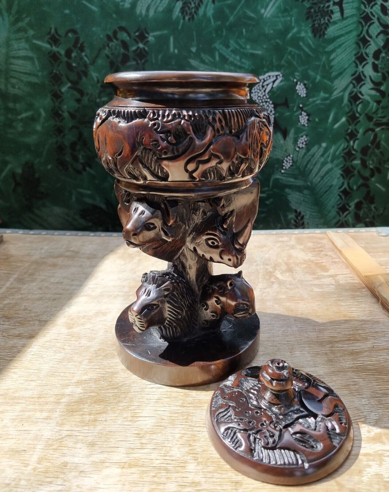 Vintage Style Carved Wood Trinket Dish Jewelry Box Dresser Urn Jar Bowl w/ Lid